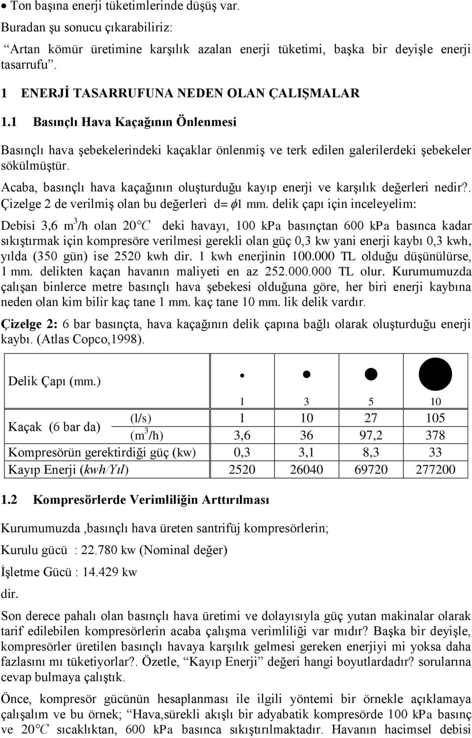 Acaba, basınçlı hava kaçağının oluşturduğu kayıp enerji ve karşılık değerleri nedir?. Çizelge 2 de verilmiş olan bu değerleri d=1 mm.