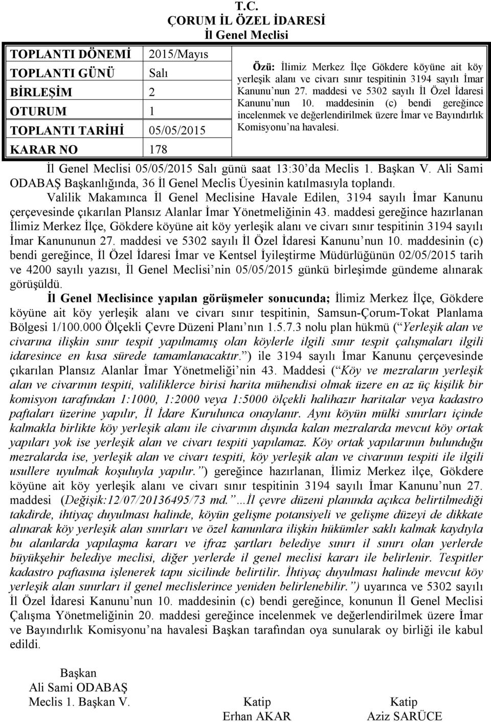 05/05/2015 Salı günü saat 13:30 da Meclis 1. V. Ali Sami ODABAŞ lığında, 36 İl Genel Meclis Üyesinin katılmasıyla toplandı.