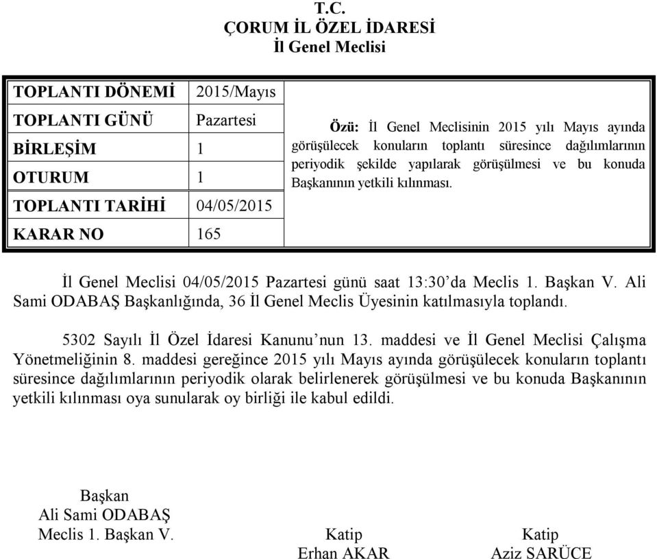 Ali Sami ODABAŞ lığında, 36 İl Genel Meclis Üyesinin katılmasıyla toplandı. 5302 Sayılı İl Özel İdaresi Kanunu nun 13. maddesi ve Çalışma Yönetmeliğinin 8.