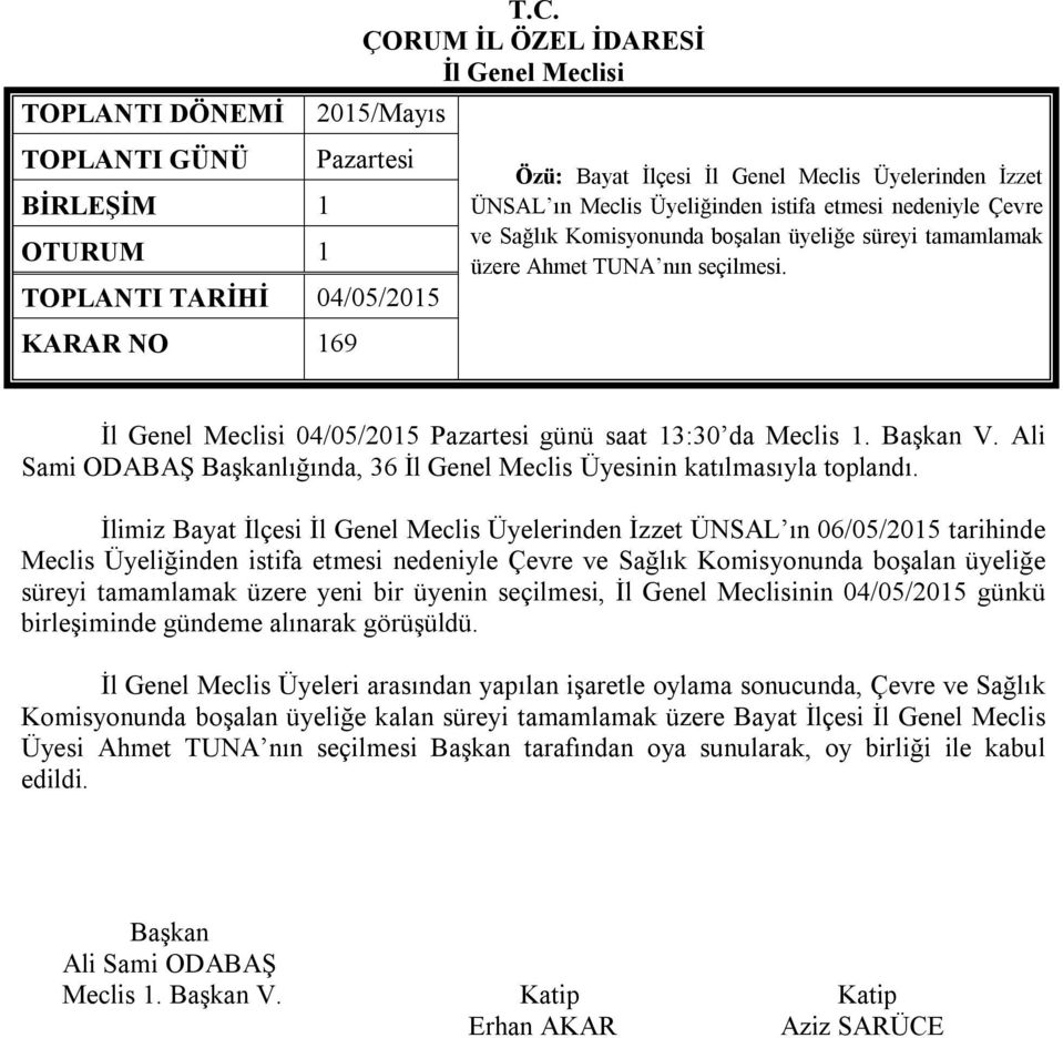 İlimiz Bayat İlçesi İl Genel Meclis Üyelerinden İzzet ÜNSAL ın 06/05/2015 tarihinde Meclis Üyeliğinden istifa etmesi nedeniyle Çevre ve Sağlık Komisyonunda boşalan üyeliğe süreyi tamamlamak üzere