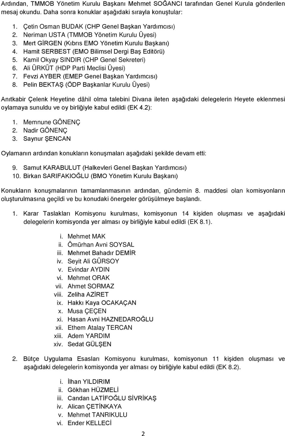 Kamil Okyay SINDIR (CHP Genel Sekreteri) 6. Ali ÜRKÜT (HDP Parti Meclisi Üyesi) 7. Fevzi AYBER (EMEP Genel Başkan Yardımcısı) 8.