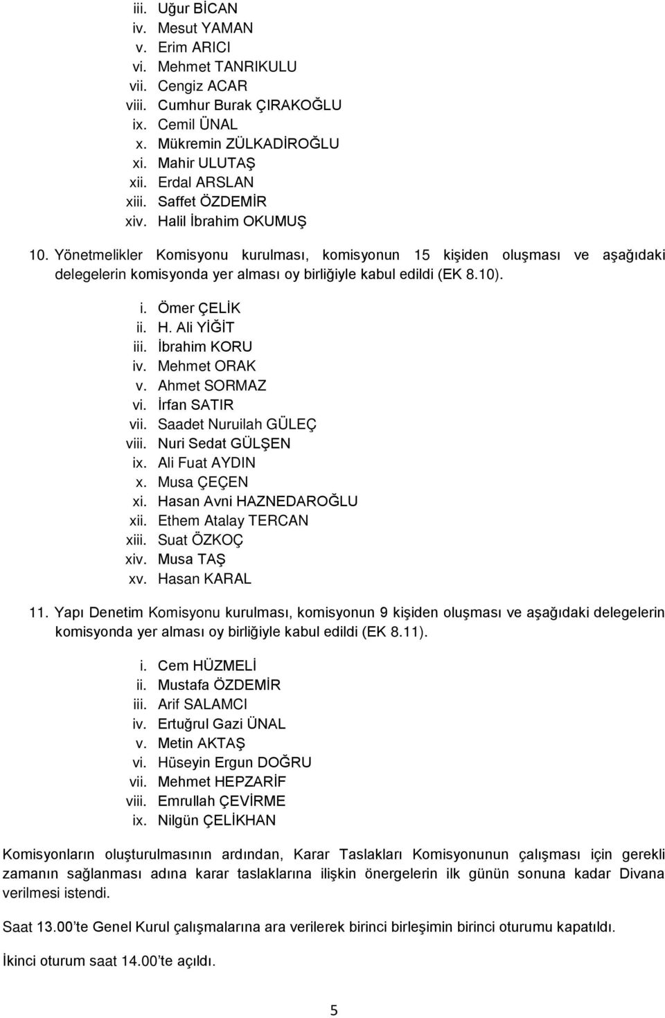 Ömer ÇELİK ii. H. Ali YİĞİT iii. İbrahim KORU iv. Mehmet ORAK v. Ahmet SORMAZ vi. İrfan SATIR vii. Saadet Nuruilah GÜLEÇ viii. Nuri Sedat GÜLŞEN ix. Ali Fuat AYDIN x. Musa ÇEÇEN xi.