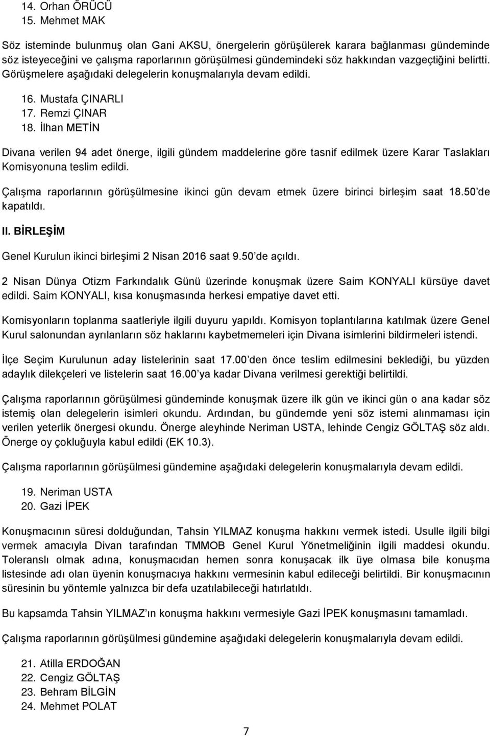 belirtti. Görüşmelere aşağıdaki delegelerin konuşmalarıyla devam edildi. 16. Mustafa ÇINARLI 17. Remzi ÇINAR 18.