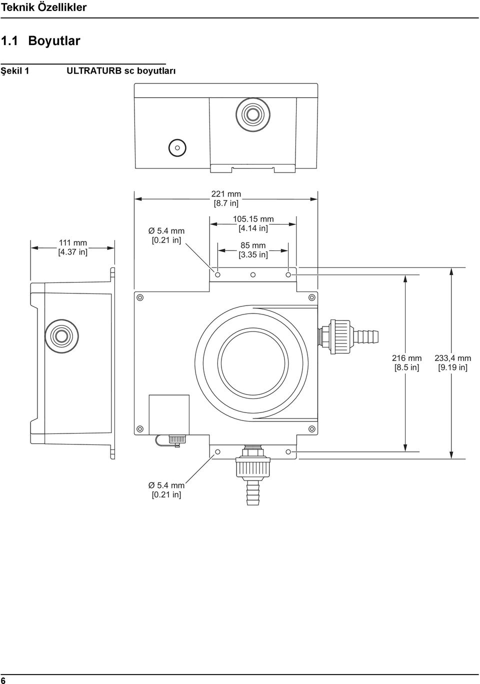 37 in] Ø 5.4 mm [0.21 in] 221 mm [8.7 in] 105.