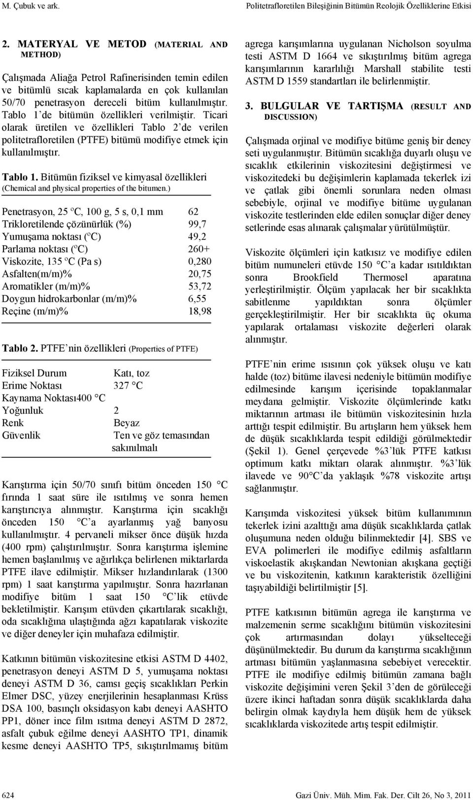 Tablo 1 de bitümün özellikleri verilmiştir. Ticari olarak üretilen ve özellikleri Tablo 2 de verilen politetrafloretilen (PTFE) bitümü modifiye etmek için kullanılmıştır. Tablo 1.