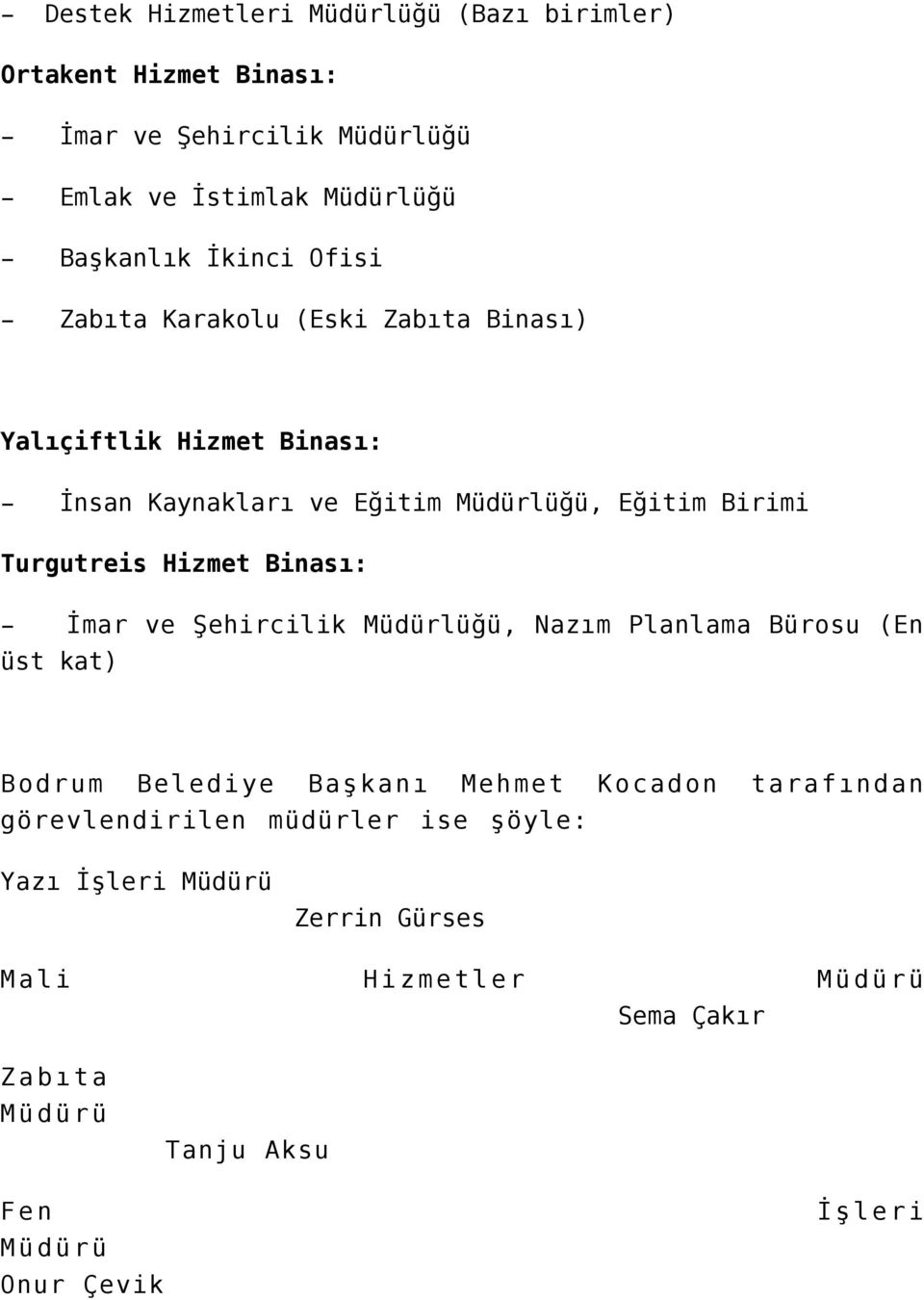 Hizmet Binası: İmar ve Şehircilik Müdürlüğü, Nazım Planlama Bürosu (En üst kat) Bodrum Belediye Başkanı Mehmet Kocadon tarafından