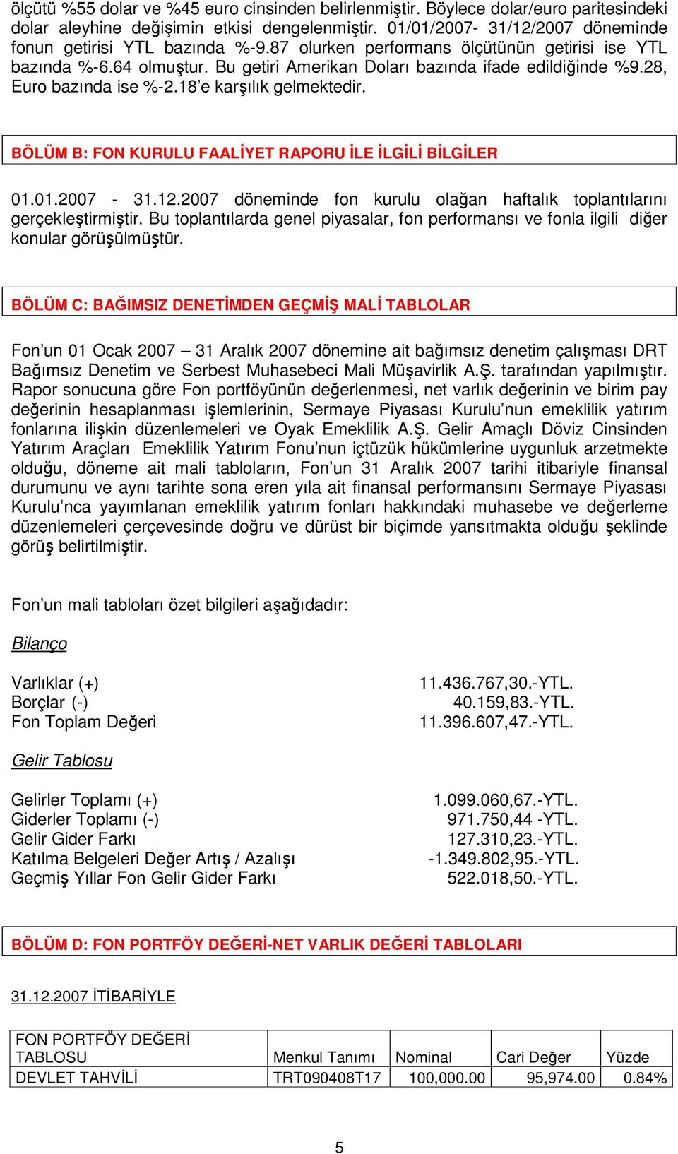 BÖLÜM B: FON KURULU FAALİYET RAPORU İLE İLGİLİ BİLGİLER 01.01.2007-31.12.2007 döneminde fon kurulu olağan haftalık toplantılarını gerçekleştirmiştir.