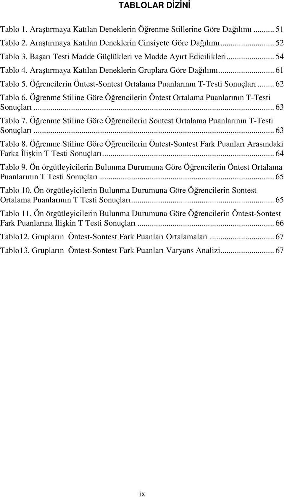 Öğrencilerin Öntest-Sontest Ortalama Puanlarının T-Testi Sonuçları... 62 Tablo 6. Öğrenme Stiline Göre Öğrencilerin Öntest Ortalama Puanlarının T-Testi Sonuçları... 63 Tablo 7.