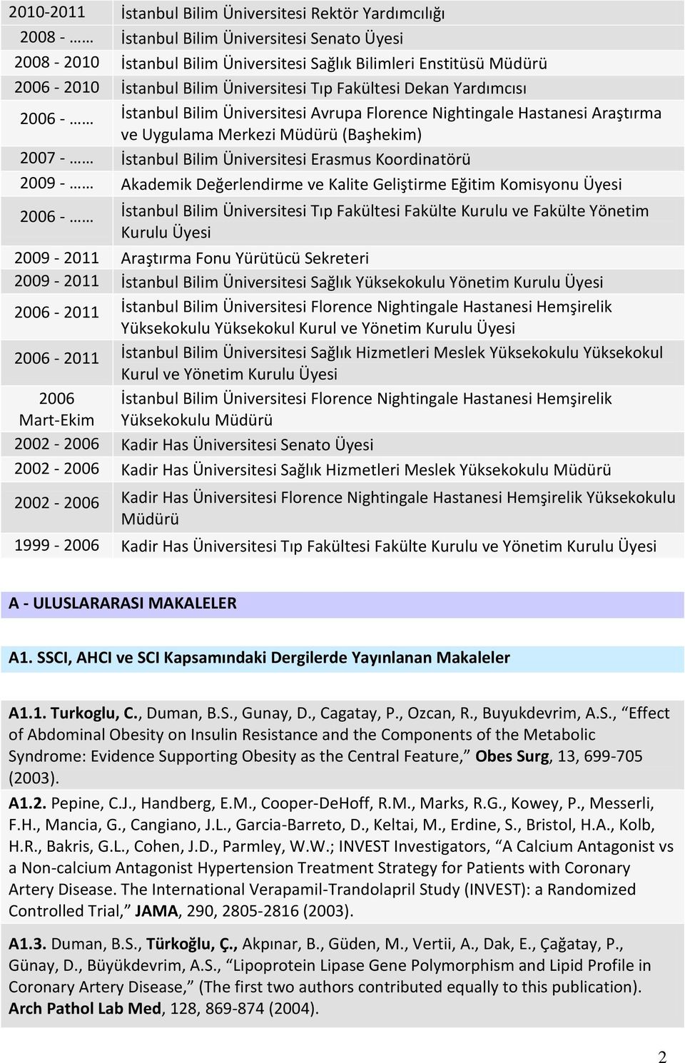 Üniversitesi Erasmus Koordinatörü 2009 - Akademik Değerlendirme ve Kalite Geliştirme Eğitim Komisyonu Üyesi 2006 - İstanbul Bilim Üniversitesi Tıp Fakültesi Fakülte Kurulu ve Fakülte Yönetim Kurulu