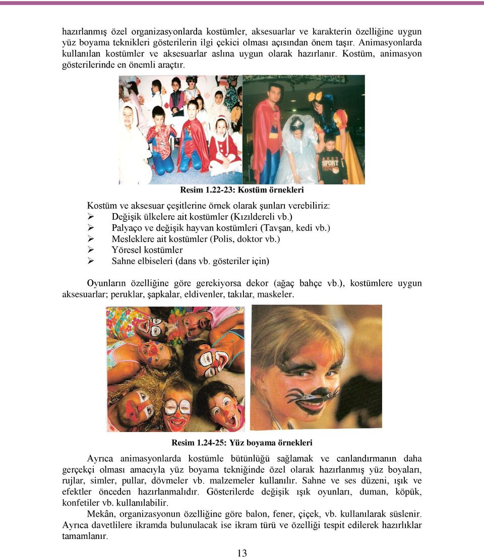 22-23: Kostüm örnekleri Kostüm ve aksesuar çeşitlerine örnek olarak şunları verebiliriz: Değişik ülkelere ait kostümler (Kızıldereli vb.) Palyaço ve değişik hayvan kostümleri (Tavşan, kedi vb.