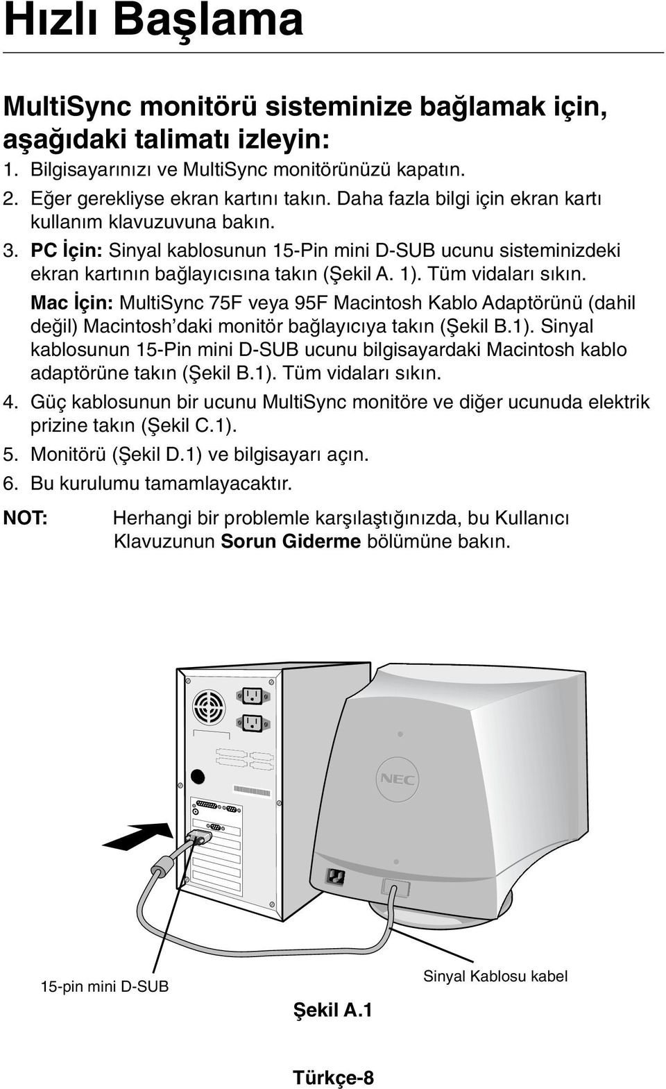 Mac çin: MultiSync 75F veya 95F Macintosh Kablo Adaptörünü (dahil deπil) Macintosh daki monitör baπlay c ya tak n (Ωekil B.1).
