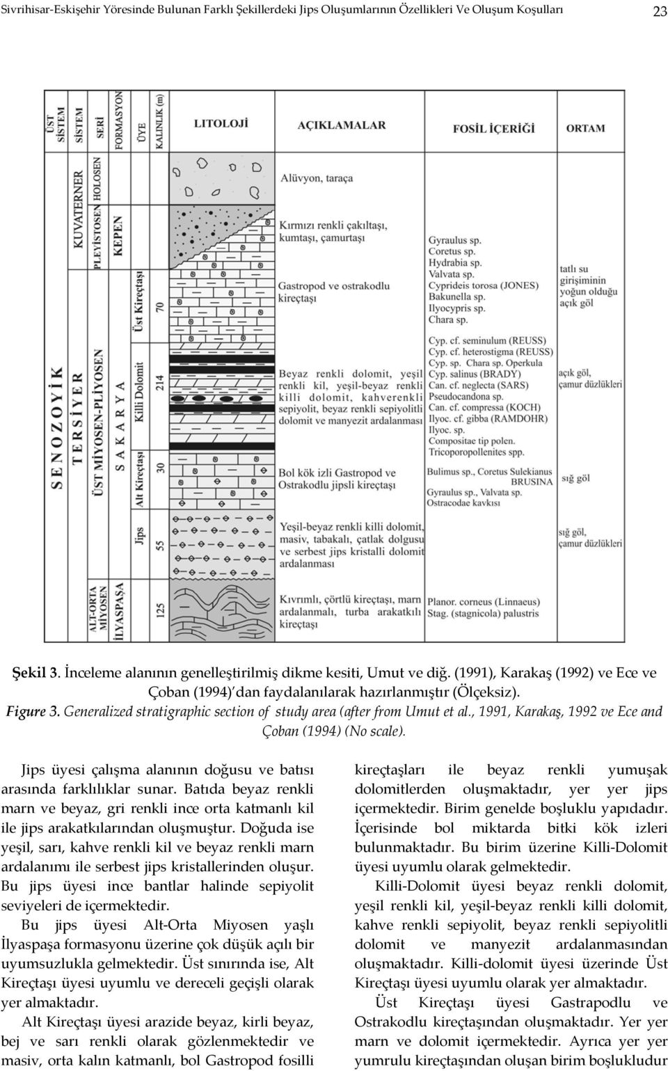 , 1991, Karakaş, 1992 ve Ece and Çoban (1994) (No scale). Jips üyesi çalışma alanının doğusu ve batısı arasında farklılıklar sunar.