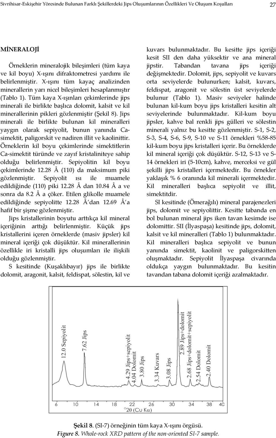 Tüm kaya X-ışınları çekimlerinde jips minerali ile birlikte başlıca dolomit, kalsit ve kil minerallerinin pikleri gözlenmiştir (Şekil 8).