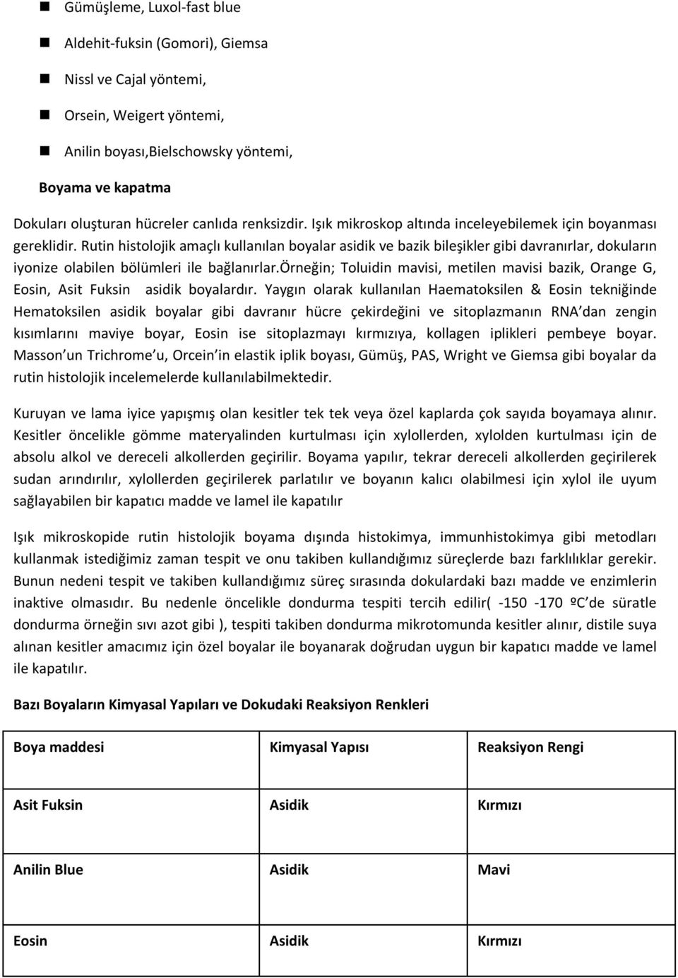 Rutin histolojik amaçlı kullanılan boyalar asidik ve bazik bileşikler gibi davranırlar, dokuların iyonize olabilen bölümleri ile bağlanırlar.