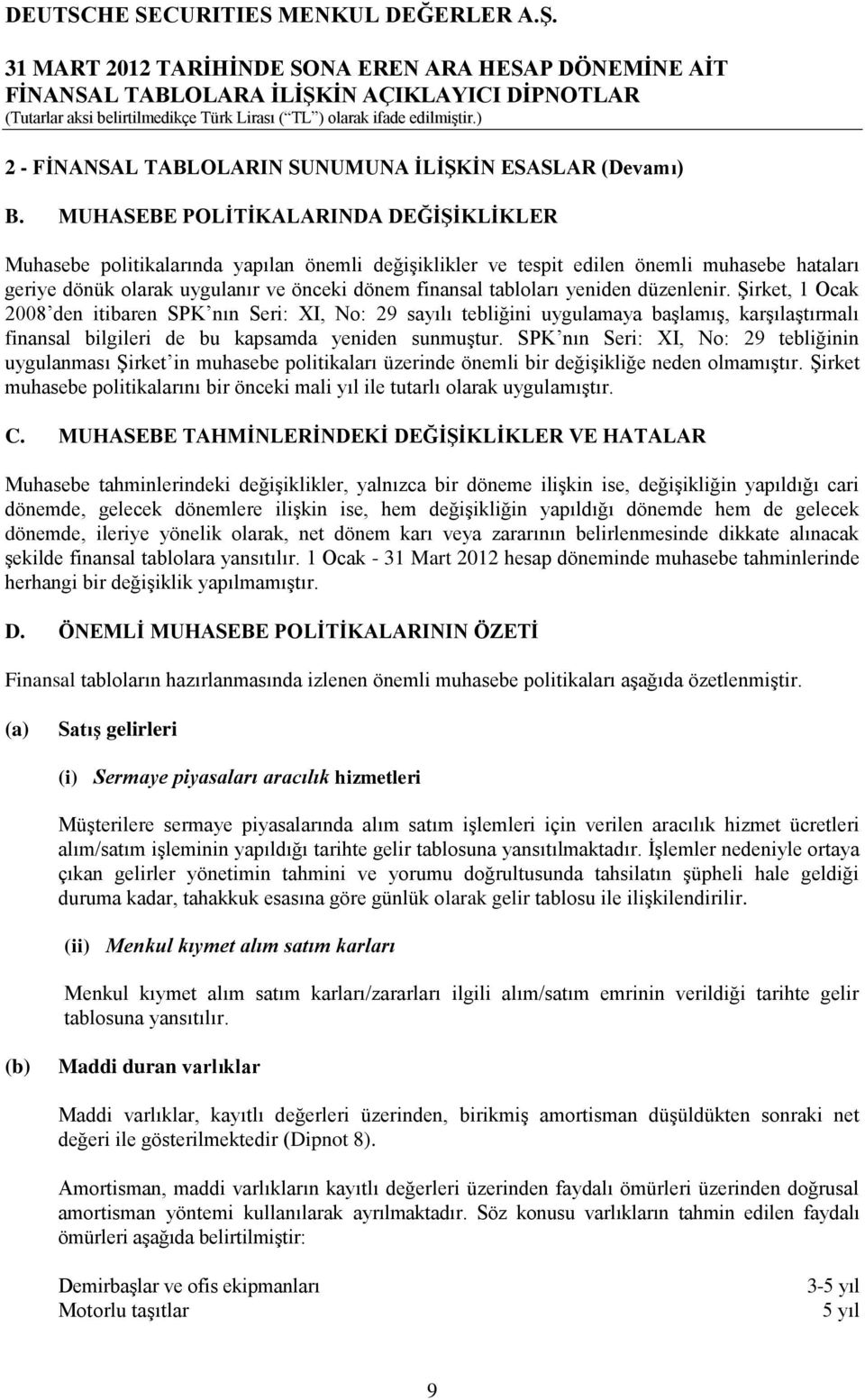 yeniden düzenlenir. Şirket, 1 Ocak 2008 den itibaren SPK nın Seri: XI, No: 29 sayılı tebliğini uygulamaya başlamış, karşılaştırmalı finansal bilgileri de bu kapsamda yeniden sunmuştur.