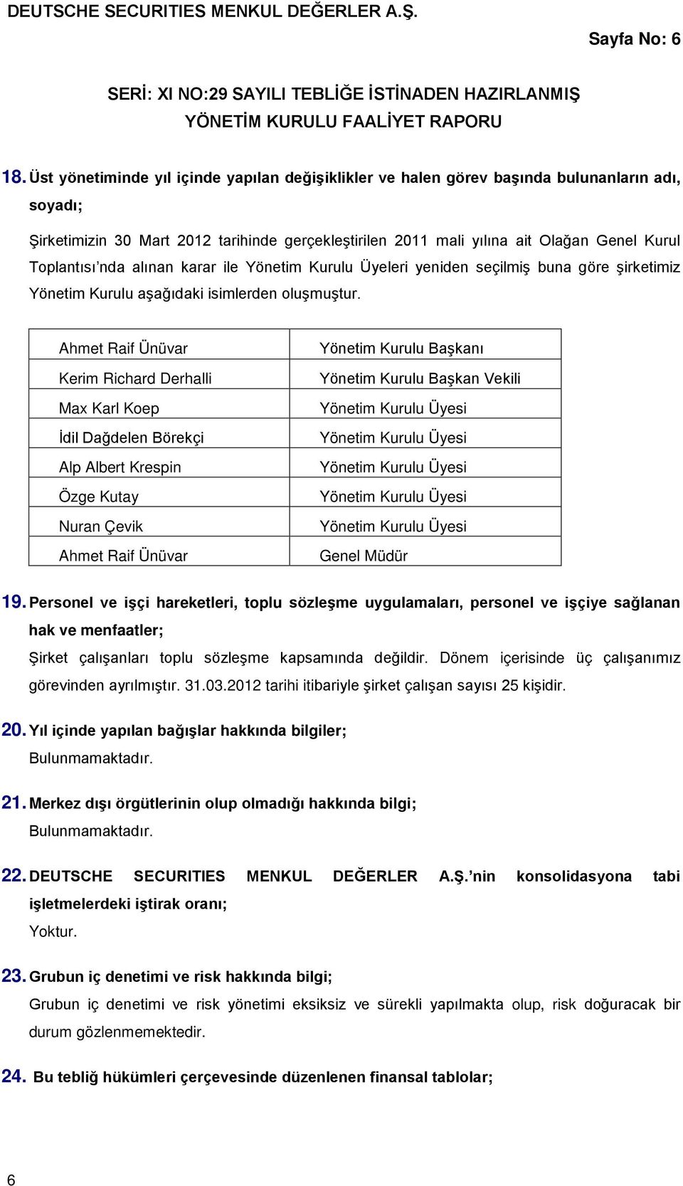 Toplantısı nda alınan karar ile Yönetim Kurulu Üyeleri yeniden seçilmiş buna göre şirketimiz Yönetim Kurulu aşağıdaki isimlerden oluşmuştur.