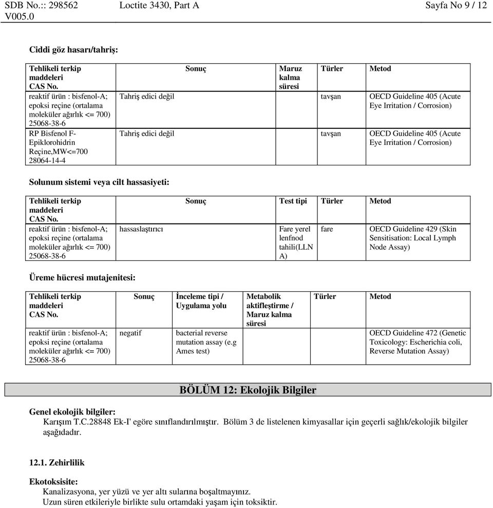 Guideline 429 (Skin Sensitisation: Local Lymph Node Assay) Üreme hücresi mutajenitesi: negatif Sonuç İnceleme tipi / Uygulama yolu bacterial reverse mutation assay (e.