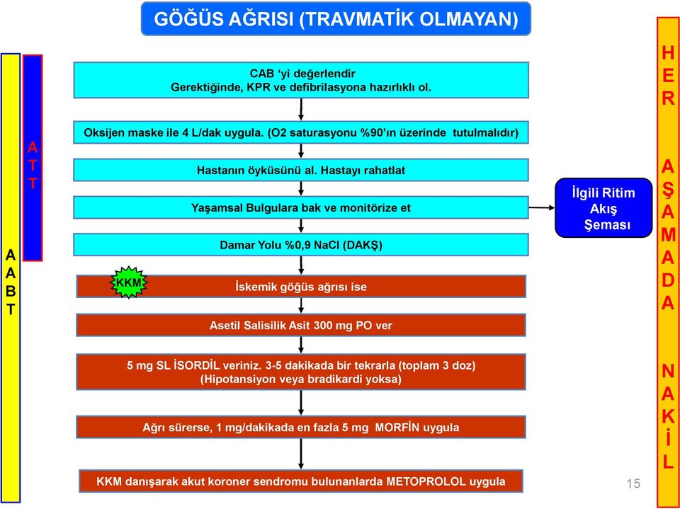 astayı rahatlat Yaşamsal ulgulara bak ve monitörize et amar Yolu %0,9 acl () skemik göğüs ağrısı ise setil Salisilik sit 300 mg PO ver