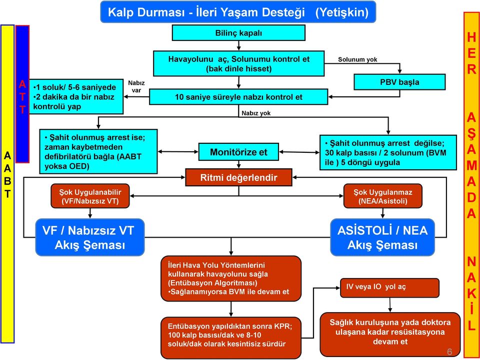 Yolu Yöntemlerini kullanarak havayolunu sağla (ntübasyon lgoritması) Sağlanamıyorsa V ile devam et ntübasyon yapıldıktan sonra P; 100 kalp basısı/dak ve 8-10 soluk/dak olarak kesintisiz sürdür