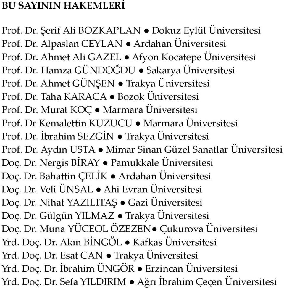 Dr. Aydın USTA Mimar Sinan Güzel Sanatlar Üniversitesi Doç. Dr. Nergis BİRAY Pamukkale Üniversitesi Doç. Dr. Bahattin ÇELİK Ardahan Üniversitesi Doç. Dr. Veli ÜNSAL Ahi Evran Üniversitesi Doç. Dr. Nihat YAZILITAŞ Gazi Üniversitesi Doç.