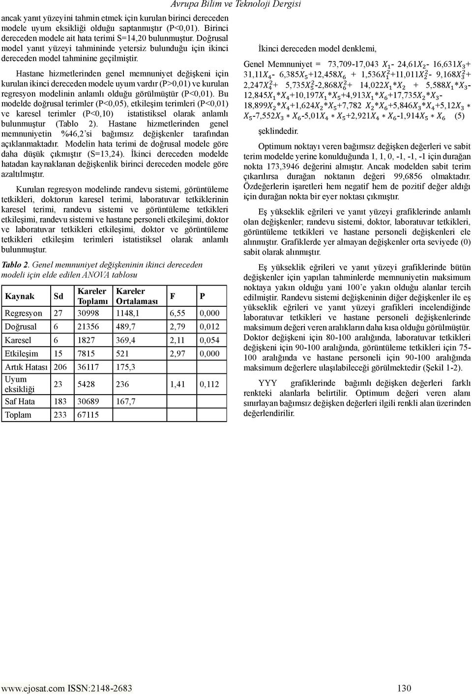 Hastane hizmetlerinden genel memnuniyet değişkeni için kurulan ikinci dereceden modele uyum vardır (P>0,01) ve kurulan regresyon modelinin anlamlı olduğu görülmüştür (P<0,01).