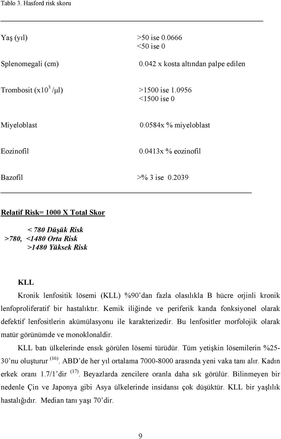 2039 Relatif Risk= 1000 X Total Skor < 780 Düşük Risk >780, <1480 Orta Risk >1480 Yüksek Risk KLL Kronik lenfositik lösemi (KLL) %90 dan fazla olasılıkla B hücre orjinli kronik lenfoproliferatif bir