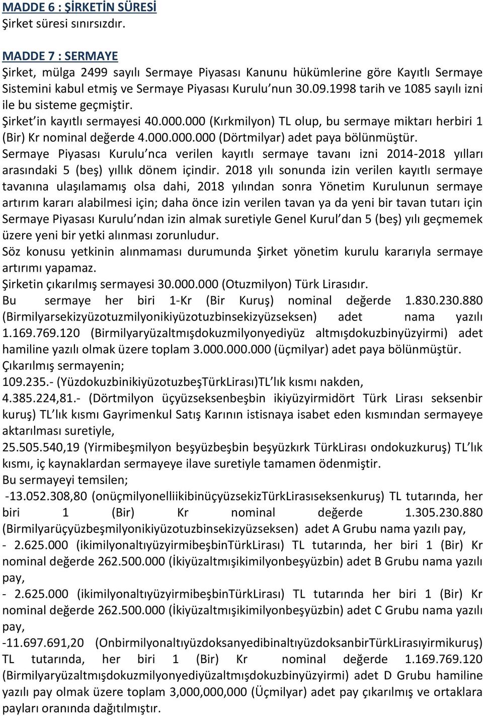 1998 tarih ve 1085 sayılı izni ile bu sisteme geçmiştir. Şirket in kayıtlı sermayesi 40.000.000 (Kırkmilyon) TL olup, bu sermaye miktarı herbiri 1 (Bir) Kr nominal değerde 4.000.000.000 (Dörtmilyar) adet paya bölünmüştür.