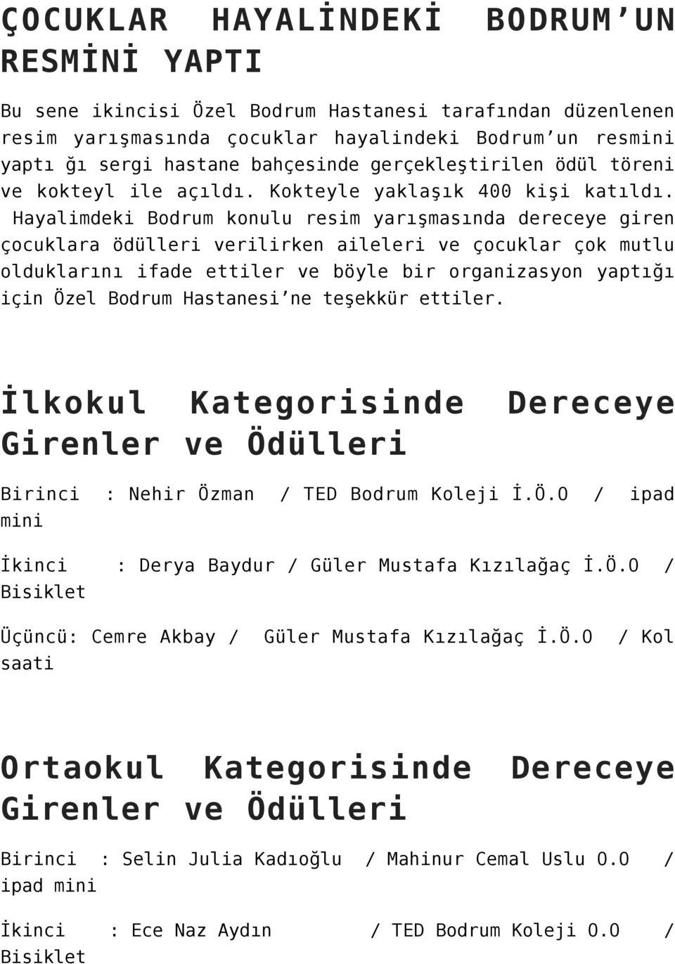 Hayalimdeki Bodrum konulu resim yarışmasında dereceye giren çocuklara ödülleri verilirken aileleri ve çocuklar çok mutlu olduklarını ifade ettiler ve böyle bir organizasyon yaptığı için Özel Bodrum