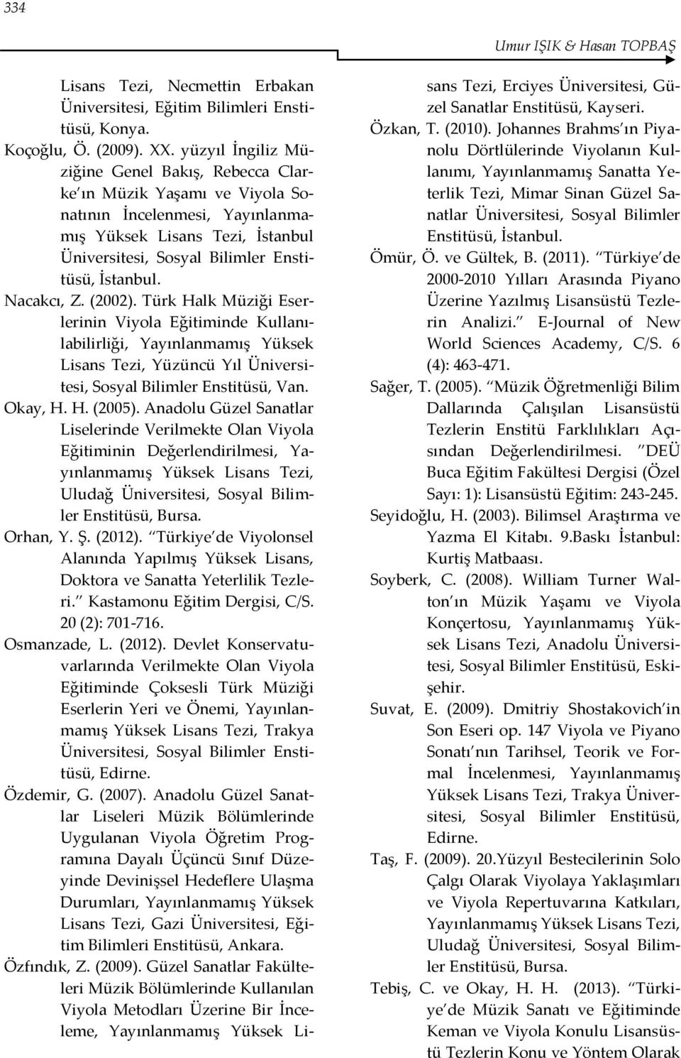 Nacakcı, Z. (2002). Türk Halk Müziği Eserlerinin Viyola Eğitiminde Kullanılabilirliği, Yayınlanmamış Yüksek Lisans Tezi, Yüzüncü Yıl Üniversitesi, Sosyal Bilimler Enstitüsü, Van. Okay, H. H. (2005).