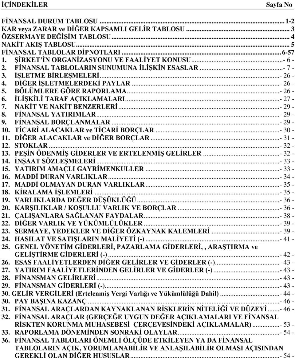 BÖLÜMLERE GÖRE RAPORLAMA... - 26-6. ĠLĠġKĠLĠ TARAF AÇIKLAMALARI... - 27-7. NAKĠT VE NAKĠT BENZERLERĠ... - 29-8. FĠNANSAL YATIRIMLAR... - 29-9. FĠNANSAL BORÇLANMALAR... - 29-10.