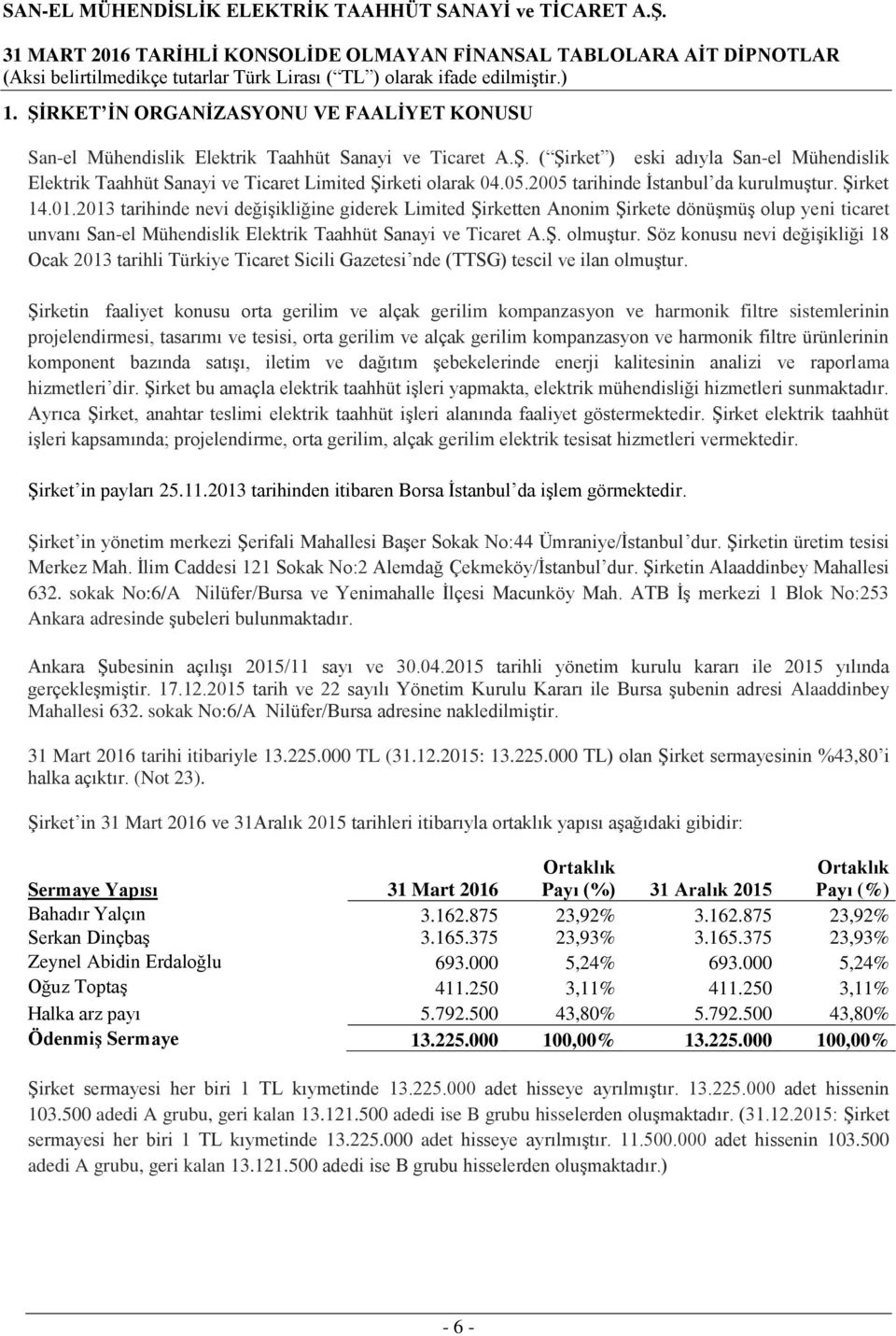 2013 tarihinde nevi değişikliğine giderek Limited Şirketten Anonim Şirkete dönüşmüş olup yeni ticaret unvanı San-el Mühendislik Elektrik Taahhüt Sanayi ve Ticaret A.Ş. olmuştur.