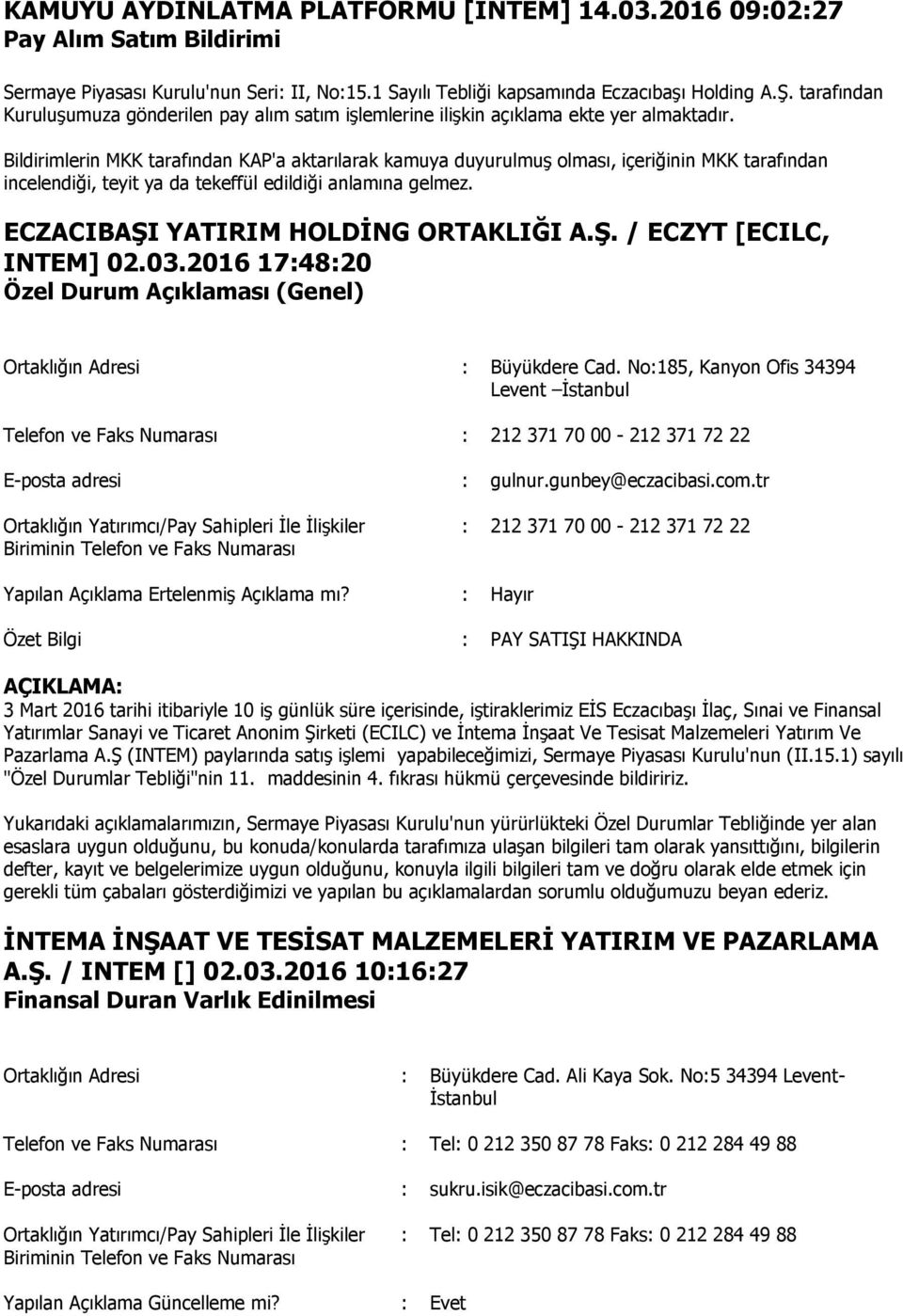 Bildirimlerin MKK tarafından KAP'a aktarılarak kamuya duyurulmuş olması, içeriğinin MKK tarafından incelendiği, teyit ya da tekeffül edildiği anlamına gelmez. ECZACIBAŞI YATIRIM HOLDİNG ORTAKLIĞI A.Ş. / ECZYT [ECILC, INTEM] 02.