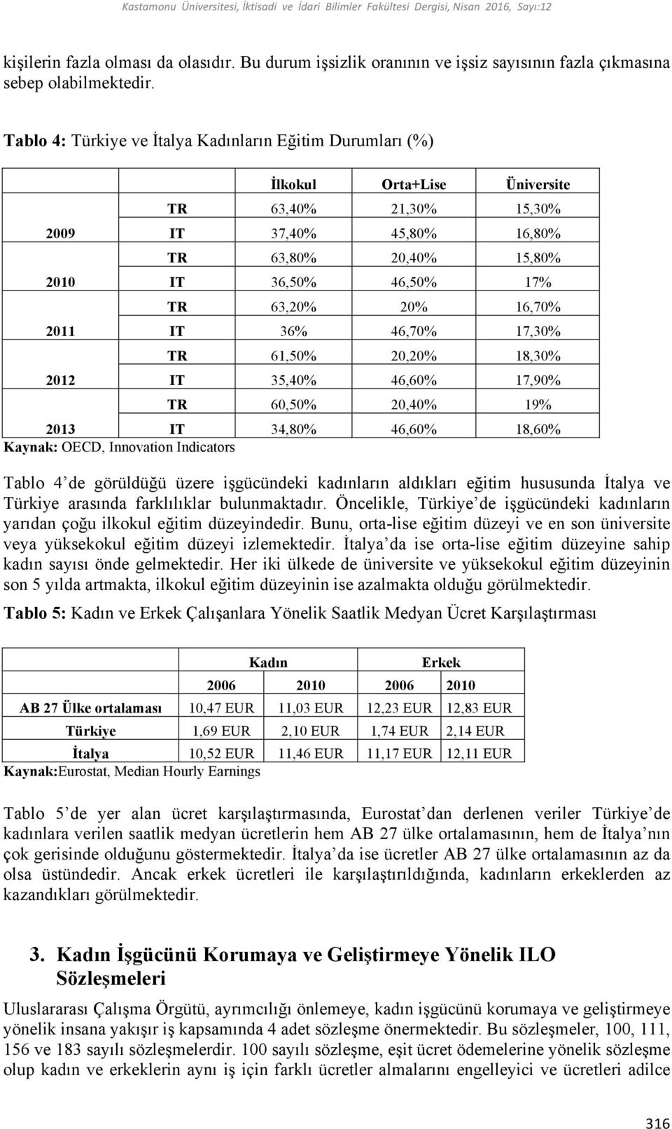 Tablo 4: Türkiye ve İtalya Kadınların Eğitim Durumları (%) 2009 2010 2011 2012 İlkokul Orta+Lise Üniversite TR 63,40% 21,30% 15,30% IT 37,40% 45,80% 16,80% TR 63,80% 20,40% 15,80% IT 36,50% 46,50%