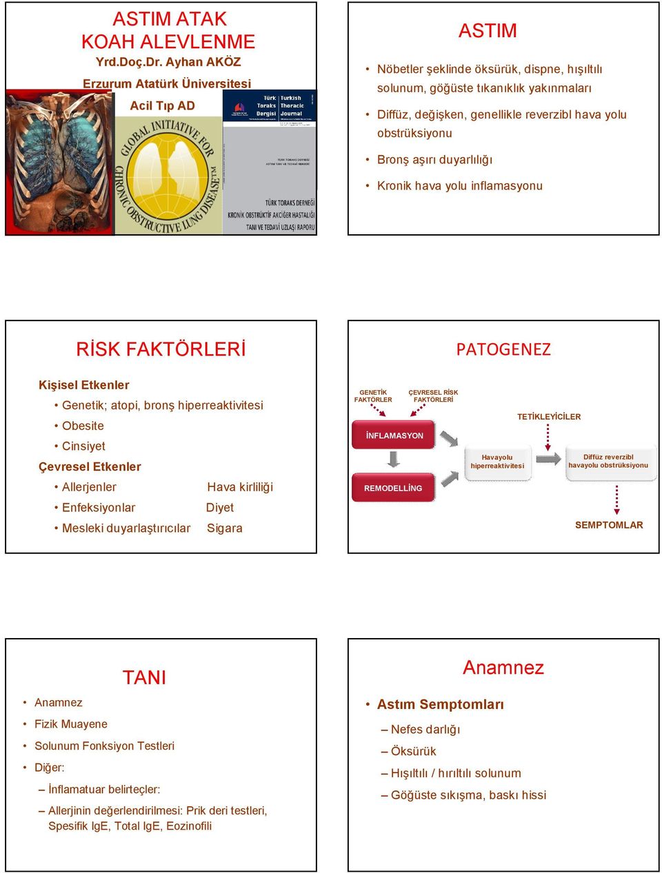 yolu obstrüksiyonu Bronş aşırı duyarlılığı Kronik hava yolu inflamasyonu RİSK FAKTÖRLERİ PATOGENEZ Kişisel Etkenler Genetik; atopi, bronş hiperreaktivitesi Obesite Cinsiyet Çevresel Etkenler