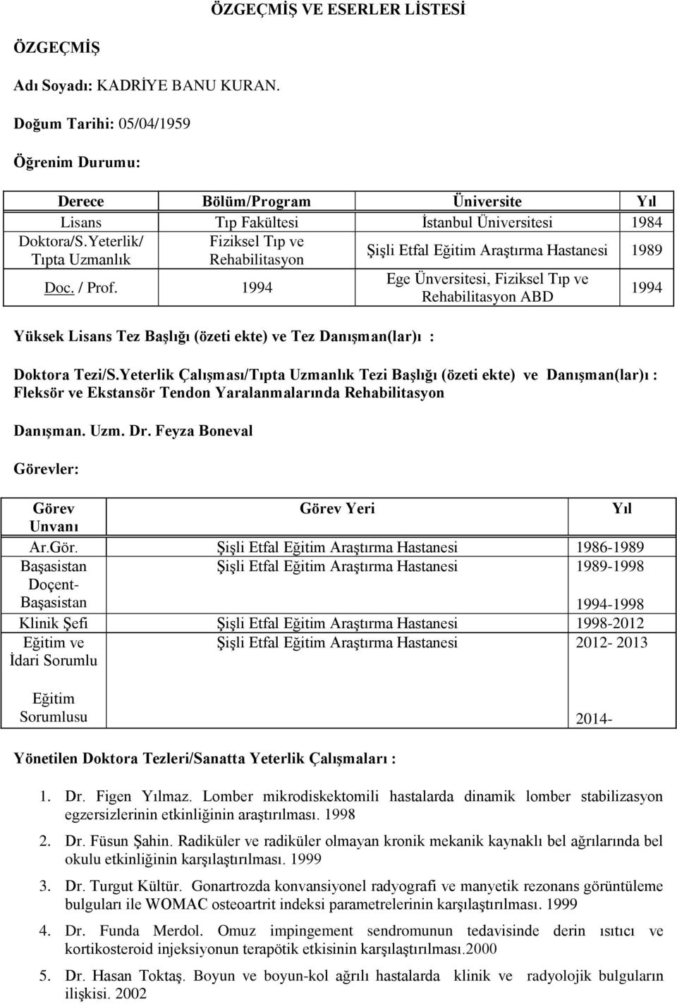 Doktora/S.Yeterlik/ Tıpta Uzmanlık Doc. / Prof. 1994 Yüksek Lisans Tez Başlığı (özeti ekte) ve Tez Danışman(lar)ı : Ege Ünversitesi, Fiziksel Tıp ve Rehabilitasyon ABD Doktora Tezi/S.