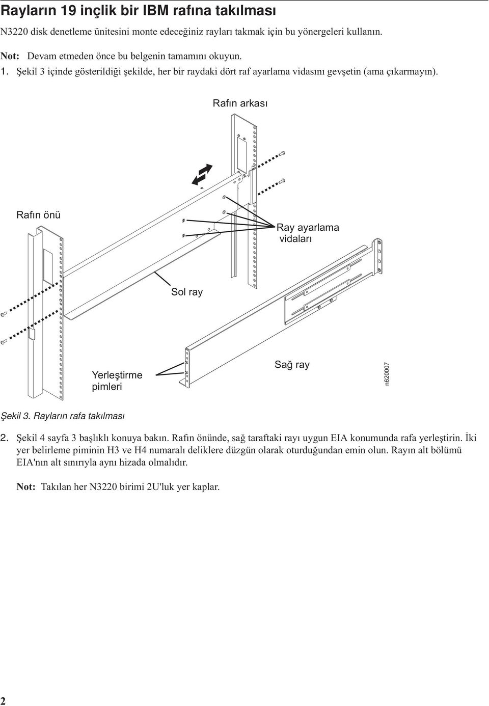 Rafın arkası Rafın önü Ray ayarlama vidaları Sol ray Yerleştirme pimleri Sağ ray n620007 Şekil 3. Rayların rafa takılması 2. Şekil 4 sayfa 3 başlıklı konuya bakın.