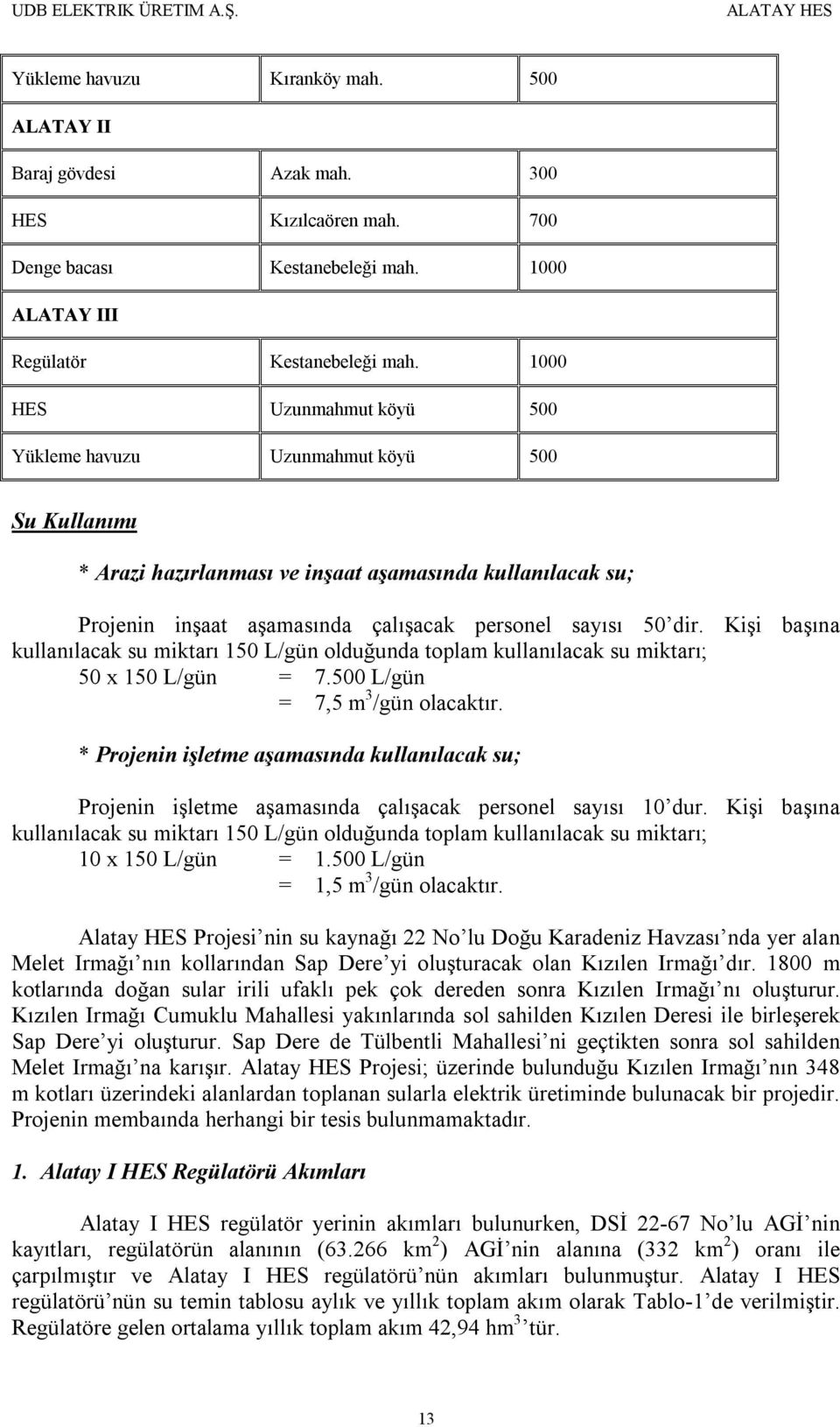 Kişi başına kullanılacak su miktarı 150 L/gün olduğunda toplam kullanılacak su miktarı; 50 x 150 L/gün = 7.500 L/gün = 7,5 m 3 /gün olacaktır.