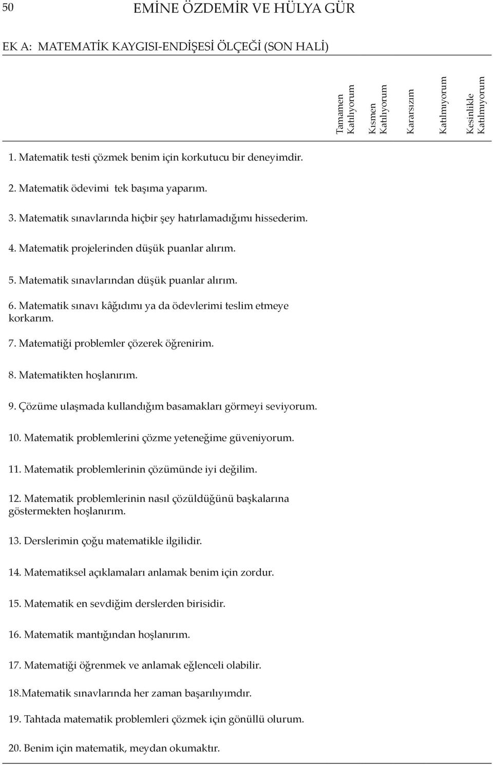 Matematik projelerinden düşük puanlar alırım. 5. Matematik sınavlarından düşük puanlar alırım. 6. Matematik sınavı kâğıdımı ya da ödevlerimi teslim etmeye korkarım. 7.