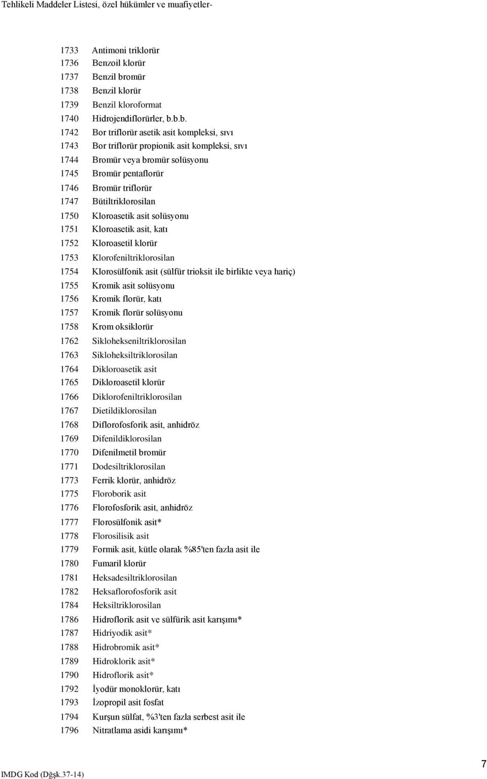 b.b. 1742 Bor triflorür asetik asit kompleksi, sıvı 1743 Bor triflorür propionik asit kompleksi, sıvı 1744 Bromür veya bromür solüsyonu 1745 Bromür pentaflorür 1746 Bromür triflorür 1747