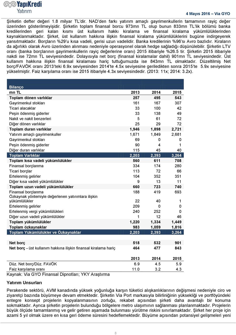 Şirket, üst kullanım hakkına ilişkin finansal kiralama yükümlülüklerini bugüne indirgeyerek yansıtmaktadır. Borçların %29 u kısa vadeli, gerisi uzun vadelidir. Banka kredilerinin %96 sı Avro bazlıdır.