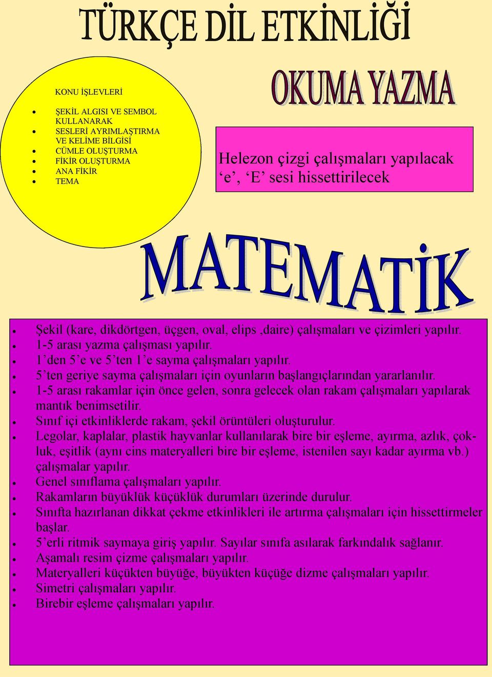 5 ten geriye sayma çalışmaları için oyunların başlangıçlarından yararlanılır. 1-5 arası rakamlar için önce gelen, sonra gelecek olan rakam çalışmaları yapılarak mantık benimsetilir.