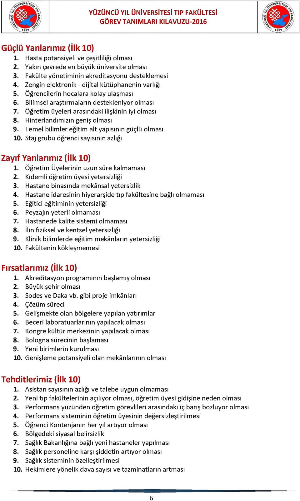 Hinterlandımızın geniş olması 9. Temel bilimler eğitim alt yapısının güçlü olması 10. Staj grubu öğrenci sayısının azlığı Zayıf Yanlarımız (İlk 10) 1. Öğretim Üyelerinin uzun süre kalmaması 2.