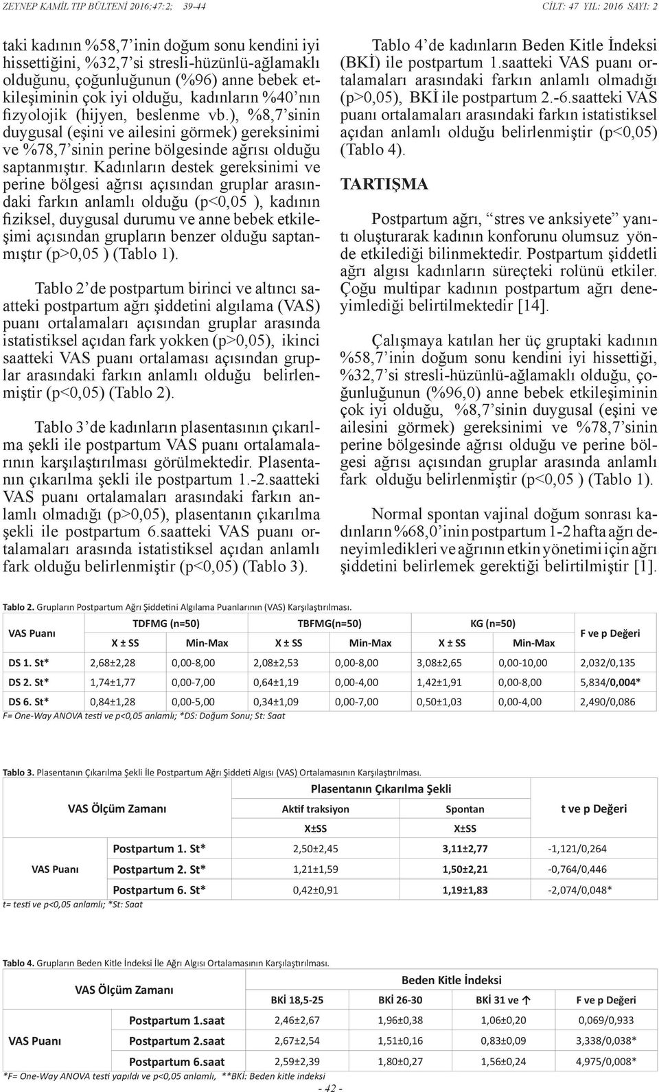 Kadınların destek gereksinimi ve perine bölgesi ağrısı açısından gruplar arasındaki farkın anlamlı olduğu (p<0,05 ), kadının fiziksel, duygusal durumu ve anne bebek etkileşimi açısından grupların