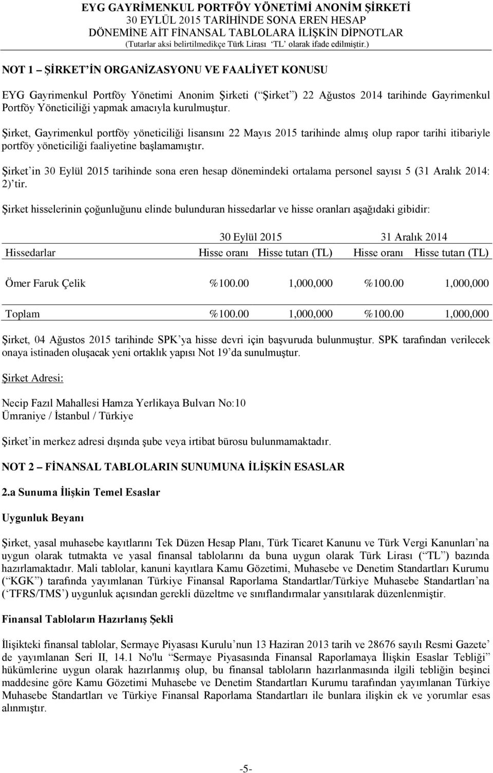 Şirket in 30 Eylül 2015 tarihinde sona eren hesap dönemindeki ortalama personel sayısı 5 (31 Aralık 2014: 2) tir.