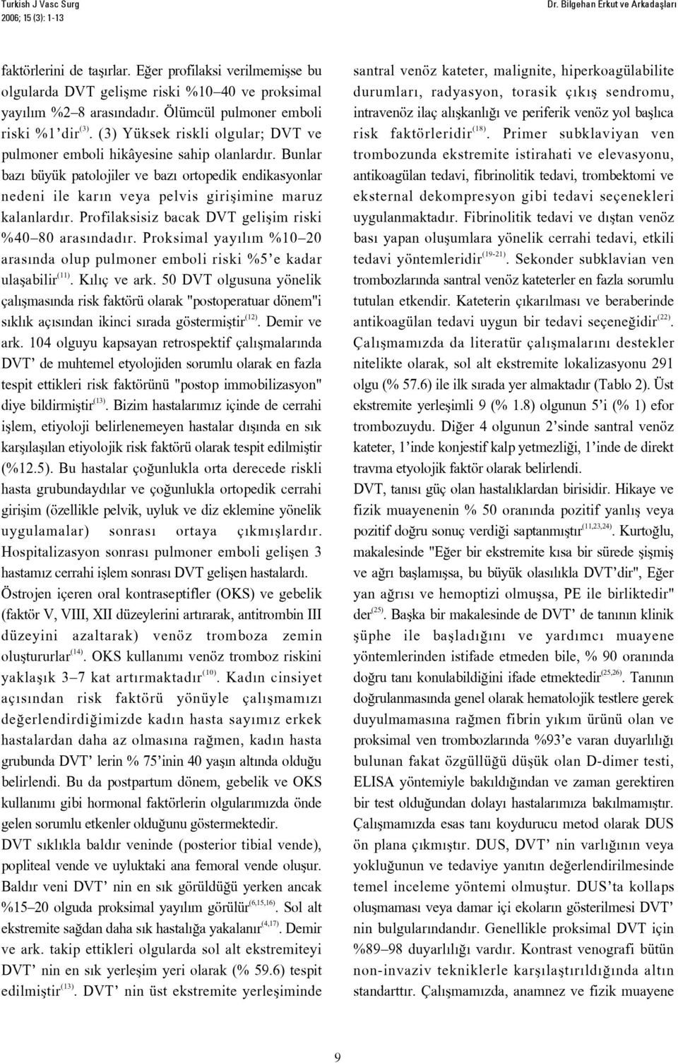 Profilaksisiz bacak DVT geliflim riski %40 80 aras ndad r. Proksimal yay l m %10 20 aras nda olup pulmoner emboli riski %5 e kadar ulaflabilir (11). K l ç ve ark.