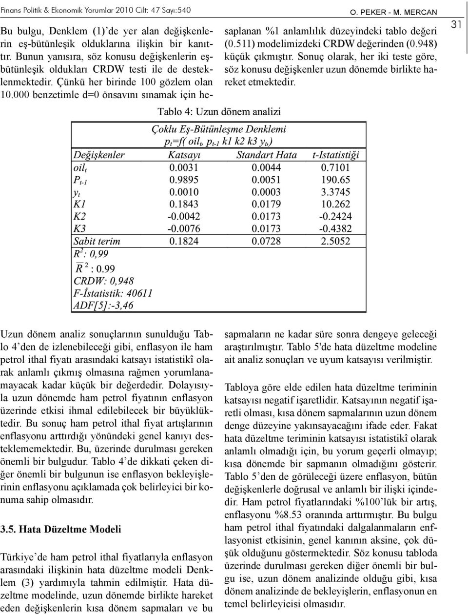 000 benzetimle d=0 önsavını sınamak için hesaplanan %1 anlamlılık düzeyindeki tablo değeri (0.511) modelimizdeki CRDW değerinden (0.948) küçük çıkmıştır.