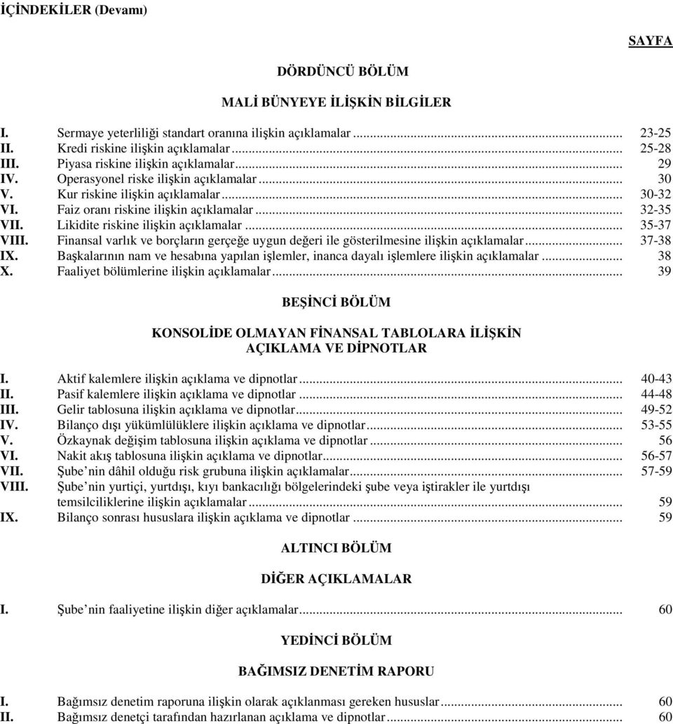 Likidite riskine ilişkin açıklamalar... 35-37 VIII. Finansal varlık ve borçların gerçeğe uygun değeri ile gösterilmesine ilişkin açıklamalar... 37-38 IX.