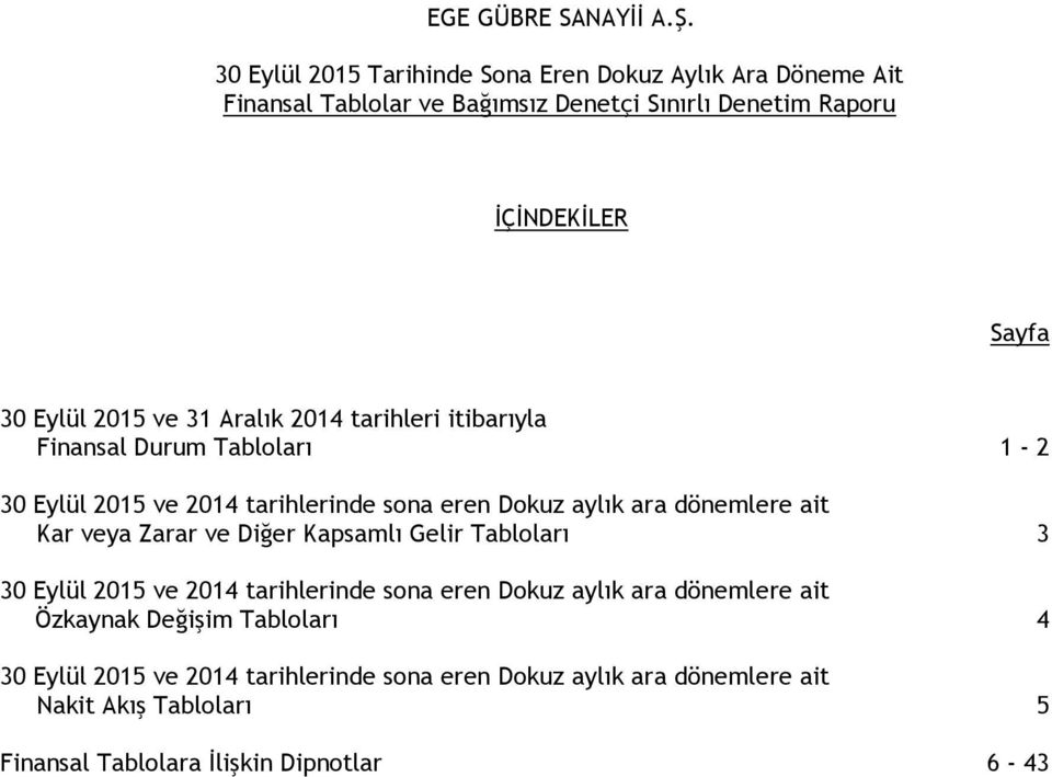 Kapsamlı Gelir Tabloları 3 30 Eylül 2015 ve 2014 tarihlerinde sona eren Dokuz aylık ara dönemlere ait Özkaynak Değişim Tabloları 4