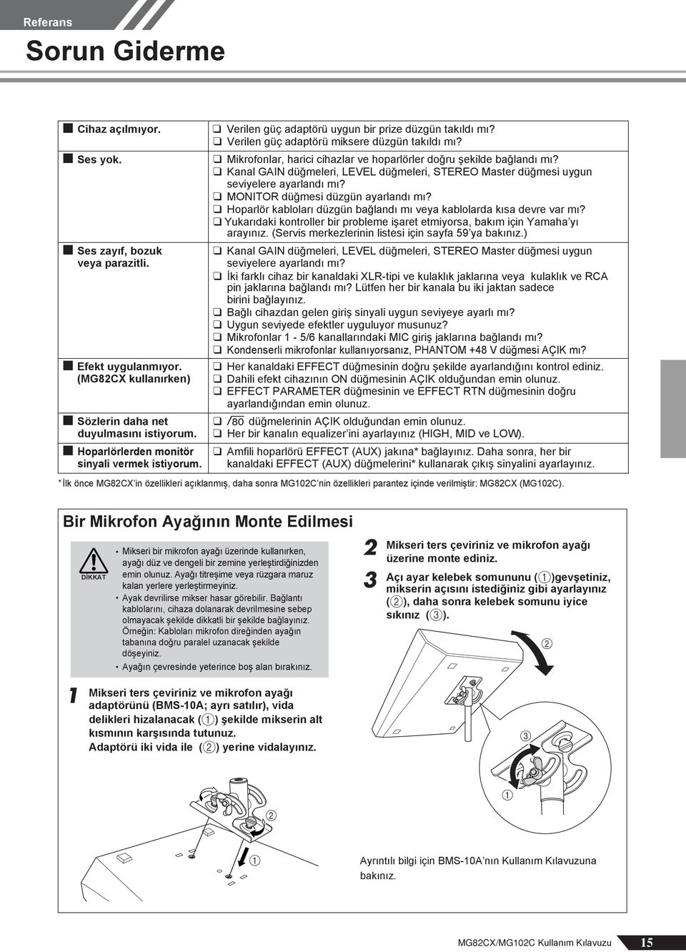 Mikrofonlar, harici cihazlar ve hoparlörler doğru şekilde bağlandı mı? Kanal GAIN düğmeleri, LEVEL düğmeleri, STEREO Master düğmesi uygun seviyelere ayarlandı mı? MONITOR düğmesi düzgün ayarlandı mı?