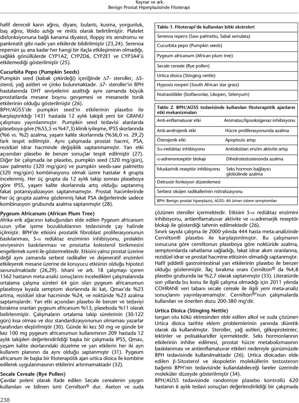 Serenoa repensin şu ana kadar her hangi bir ilaçla etkileşiminin olmadığı, sağlıklı gönüllülerde CYP1A2, CYP2D6, CYP2E1 ve CYP3A4 ü etkilemediği gösterilmiştir (25).